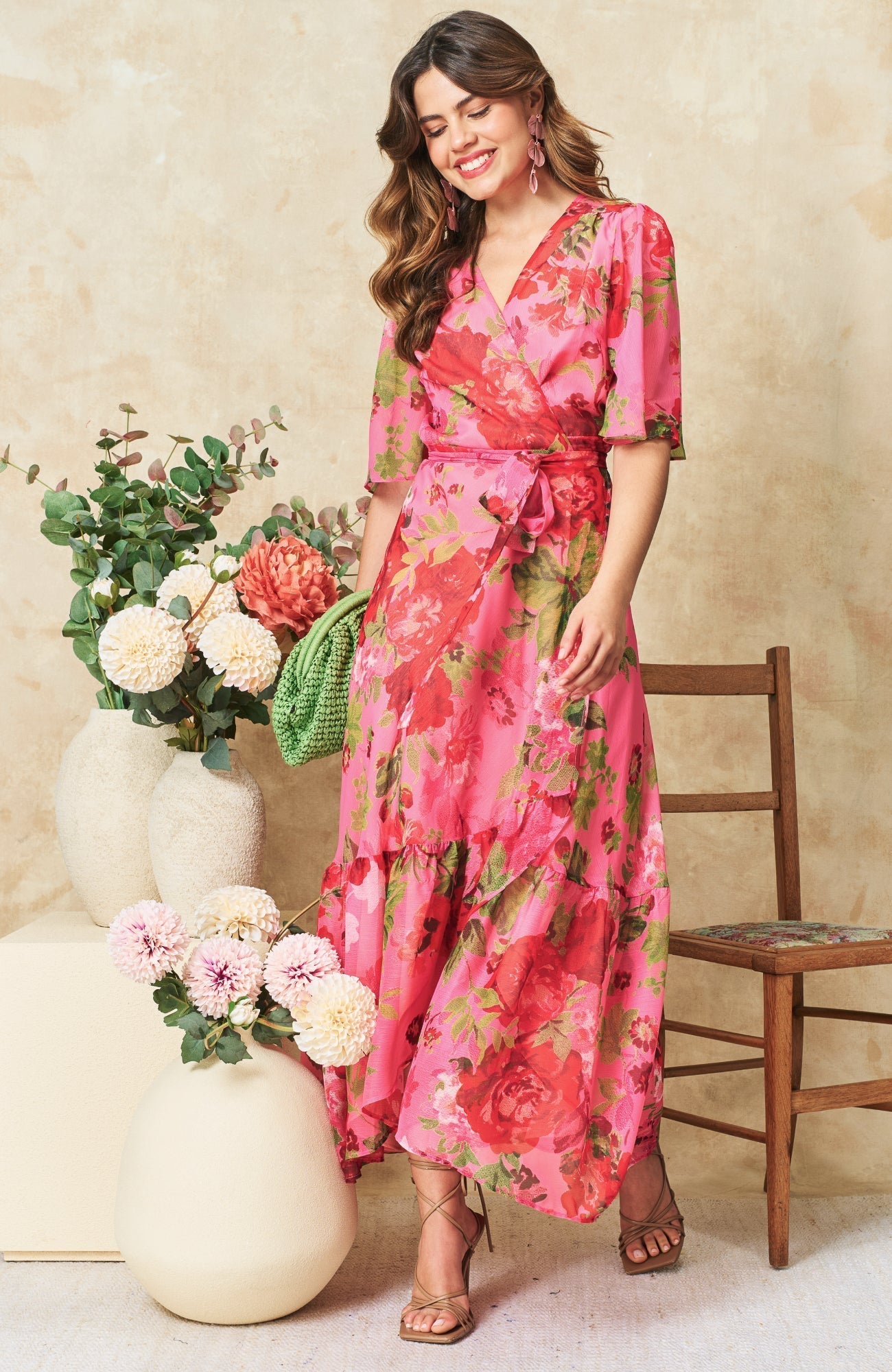 The Roxanne™ | Flutter Sleeve Maxi Wrap Dress