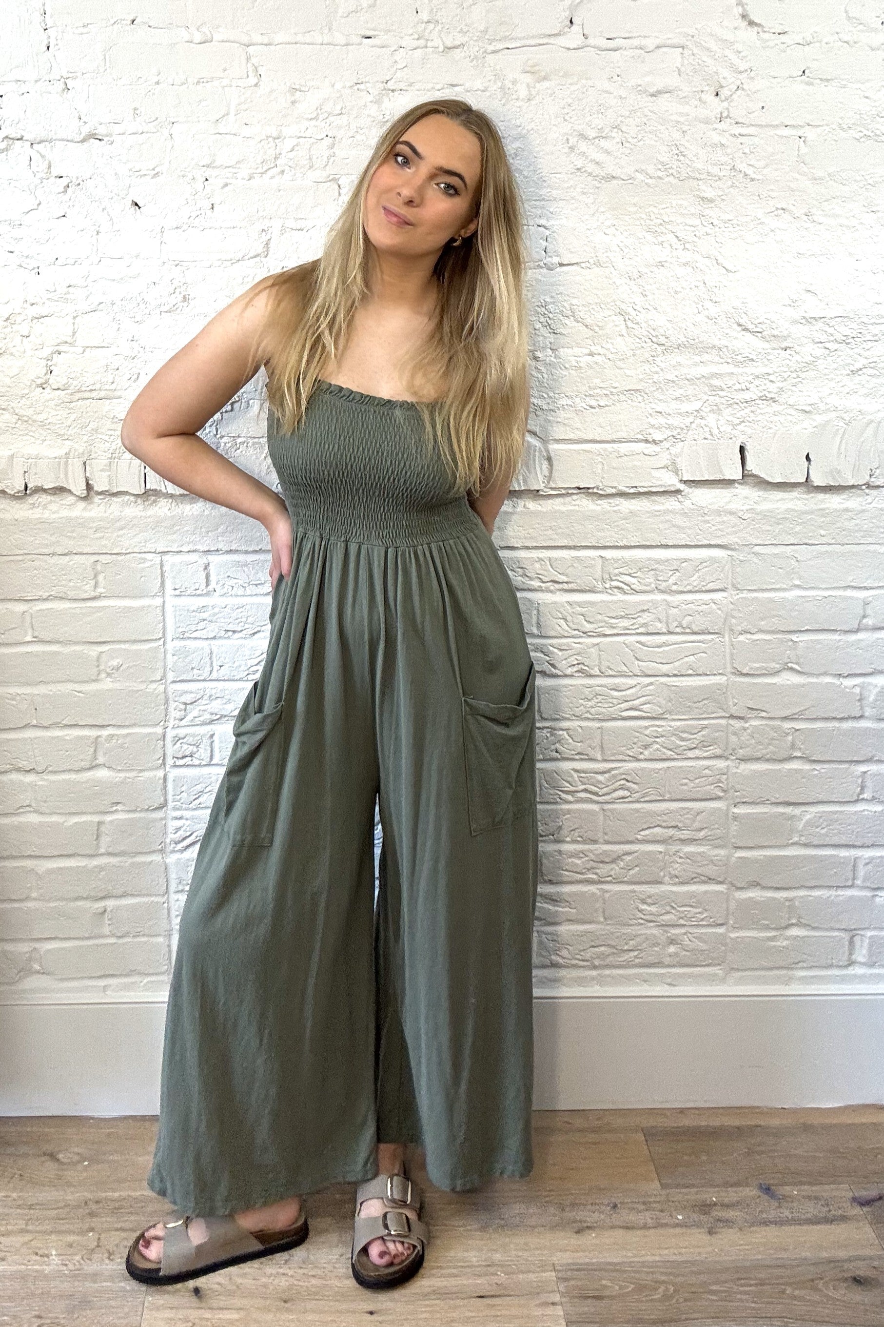 Smocked Spaghetti Strap Wide Leg Jumpsuit