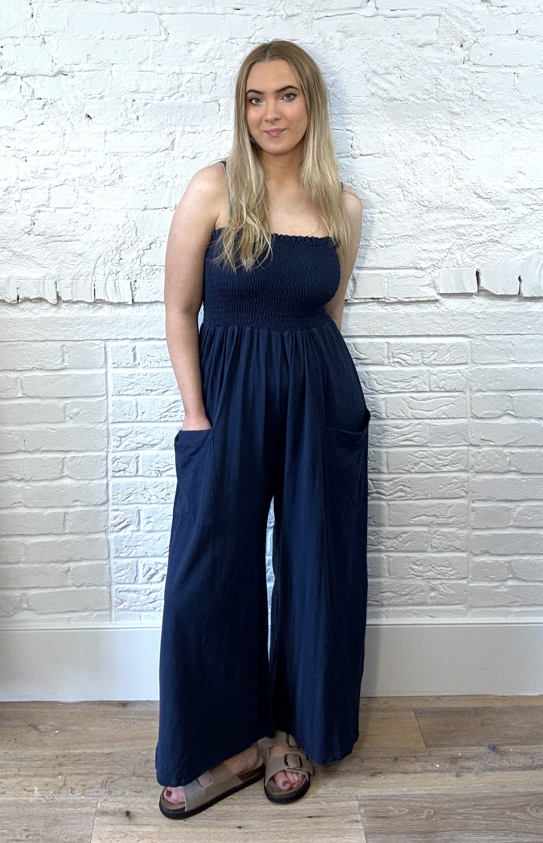 Smocked Spaghetti Strap Wide Leg Jumpsuit