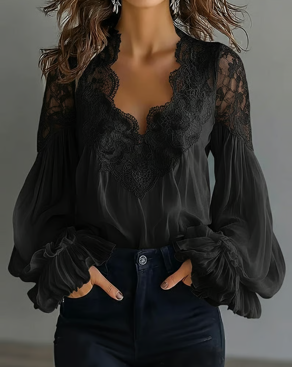 Laceva™ | Floral Lace Lantern Sleeve Blouse