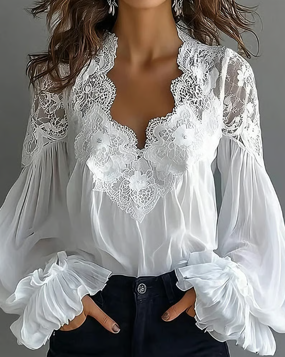 Laceva™ | Floral Lace Lantern Sleeve Blouse