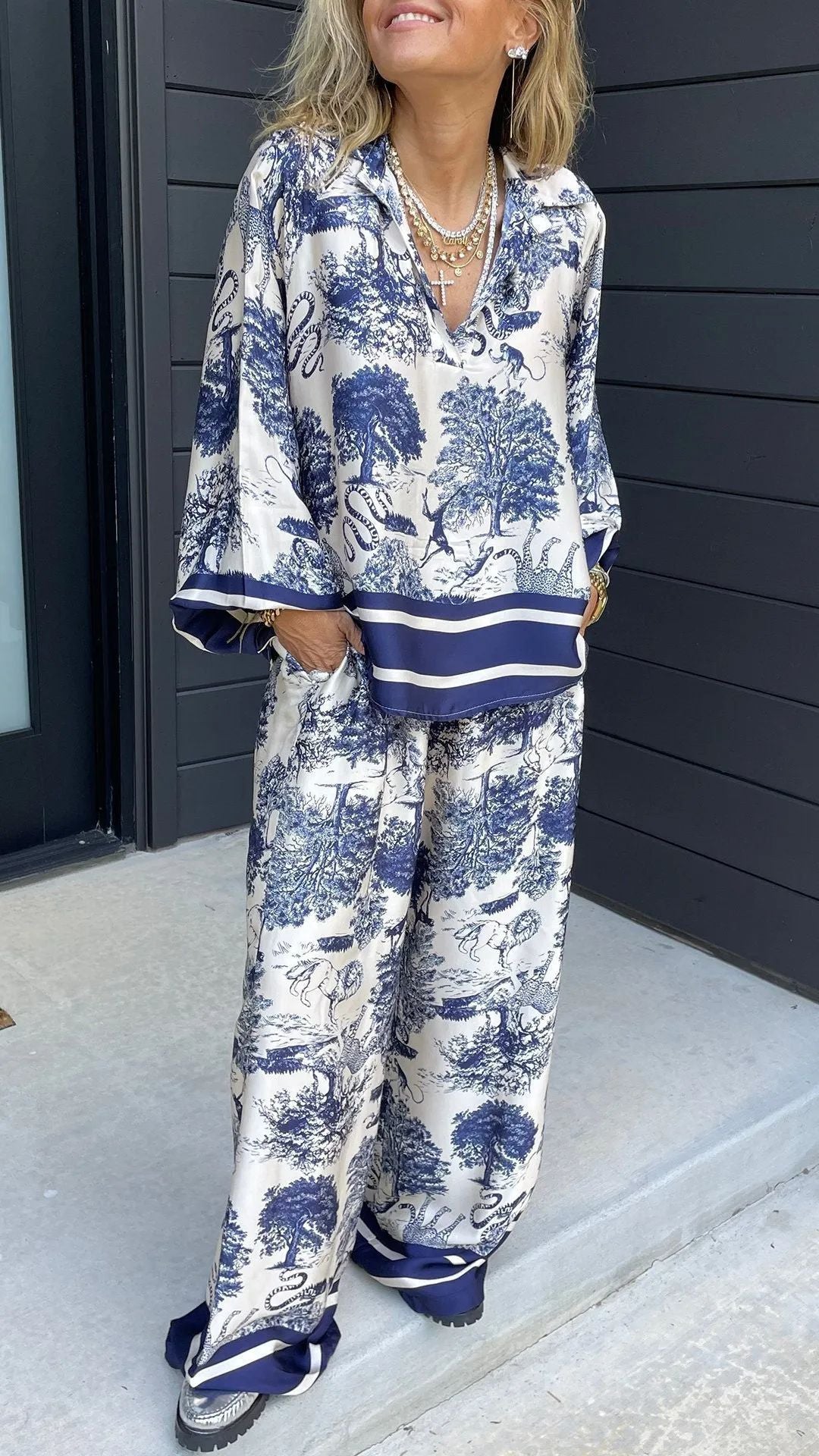 Verelina™ | Women’s V-Neck Printed Two-Piece Set