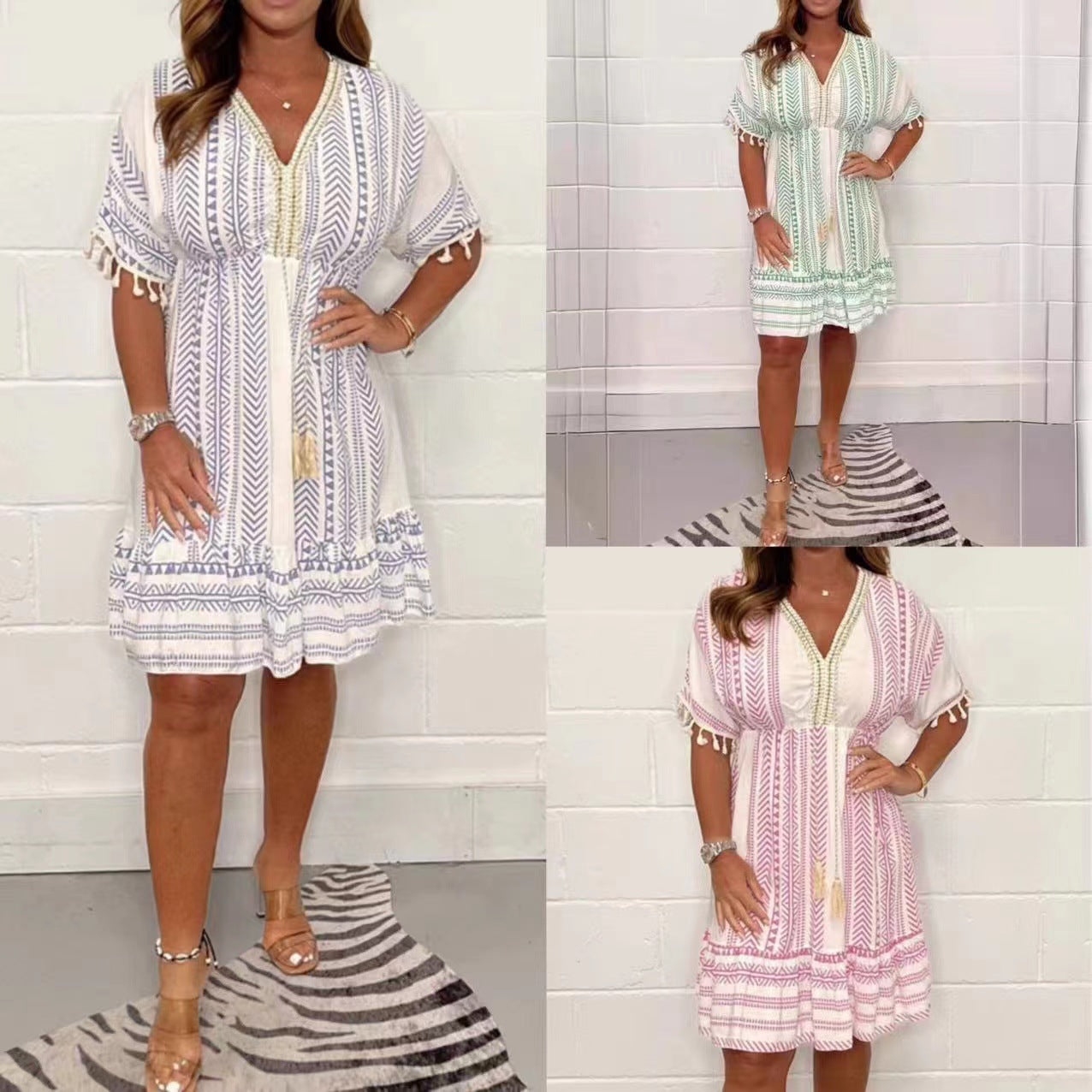 Zenvira™ | Ethnic Print V-Neck Flow Dress