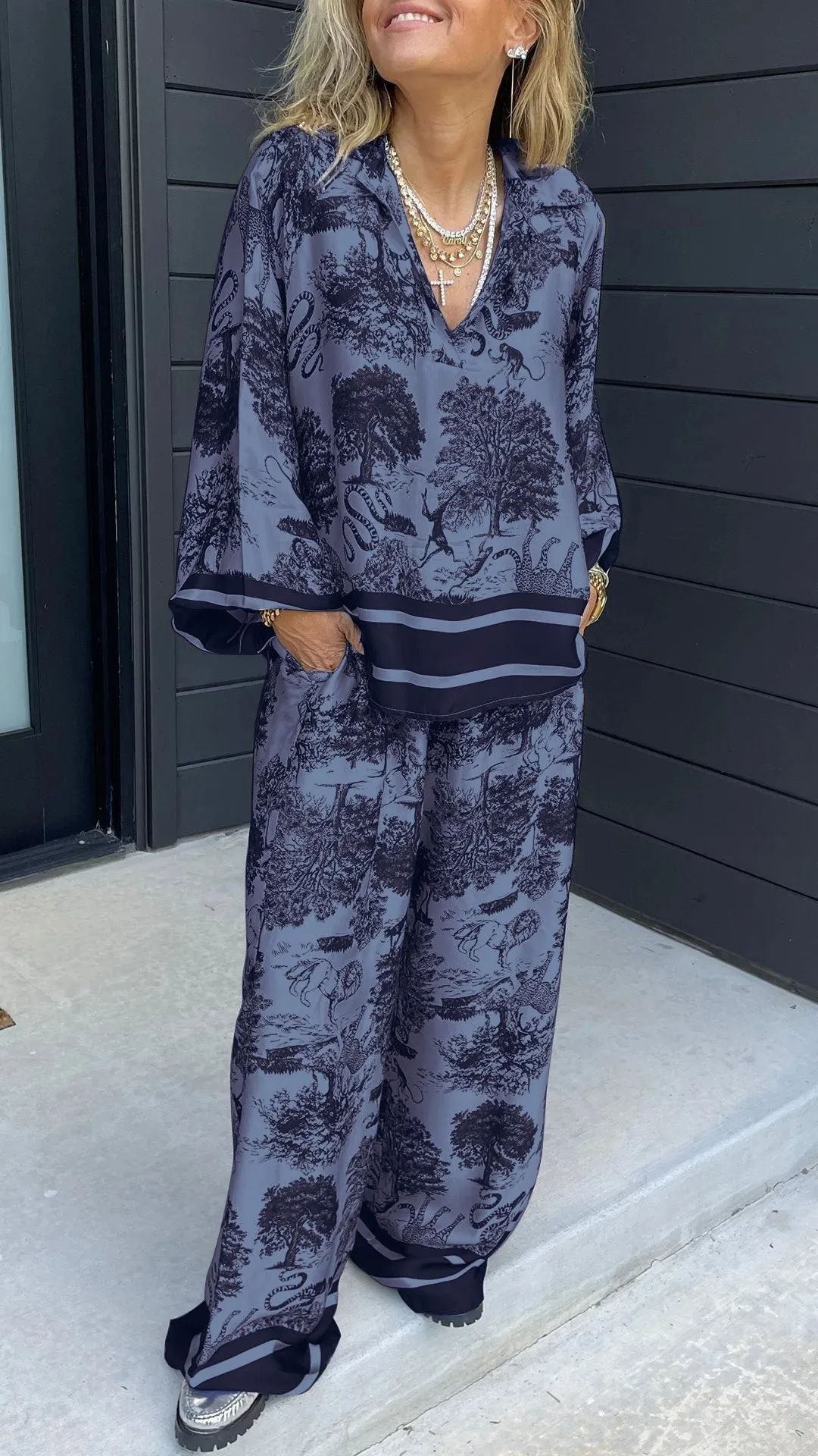 Verelina™ | Women’s V-Neck Printed Two-Piece Set