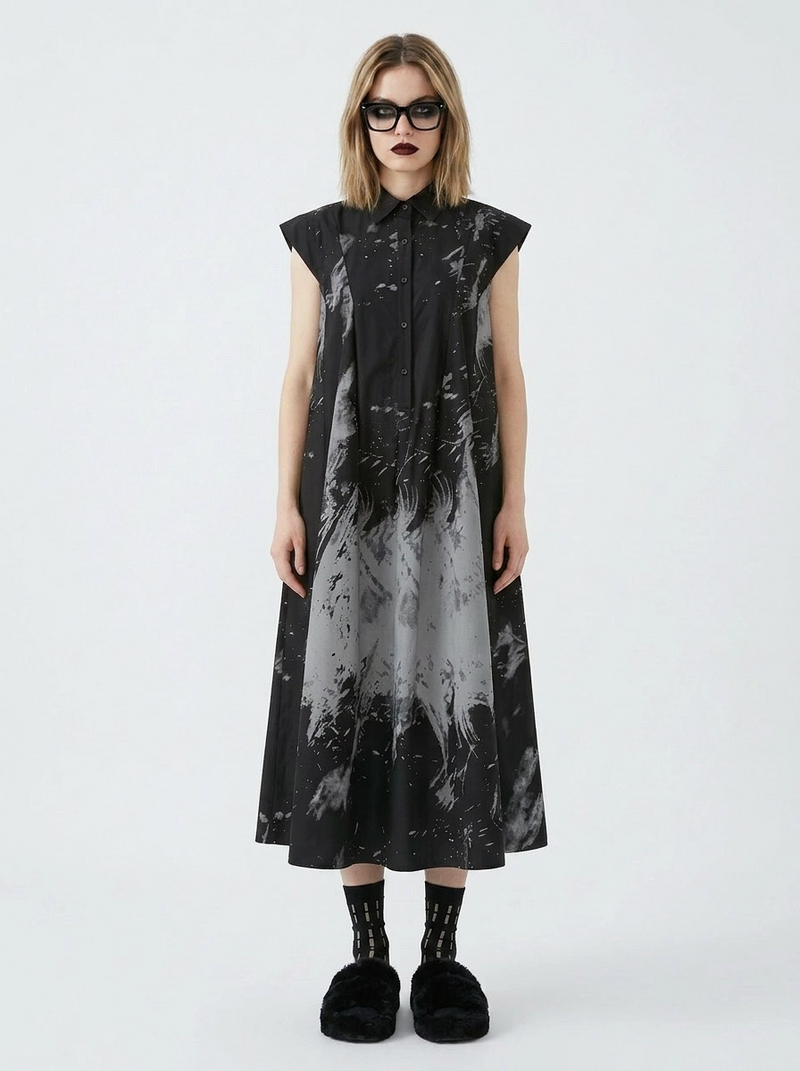 Gothic Sleeveless Tie-Dye Print Dress with Mandarin Collar details