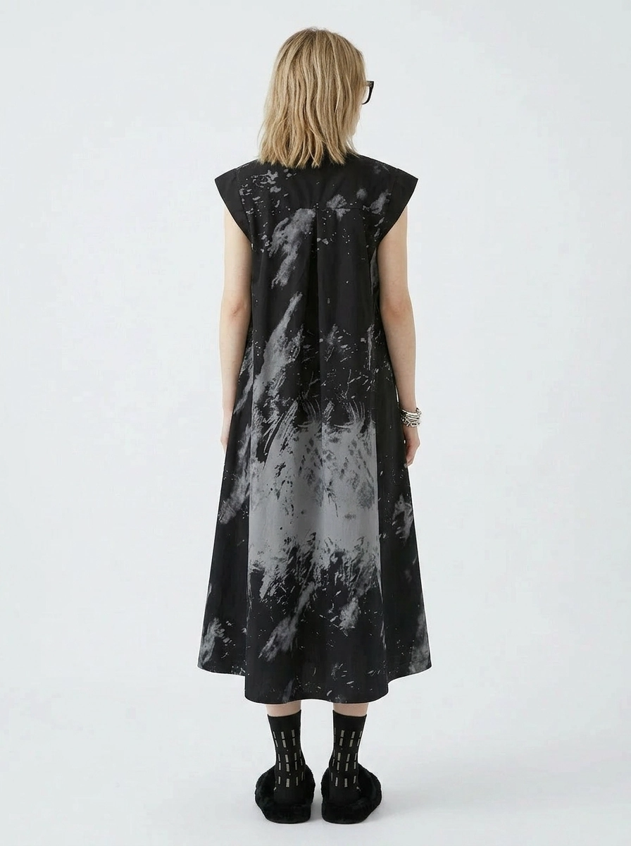 Gothic Sleeveless Tie-Dye Print Dress with Mandarin Collar