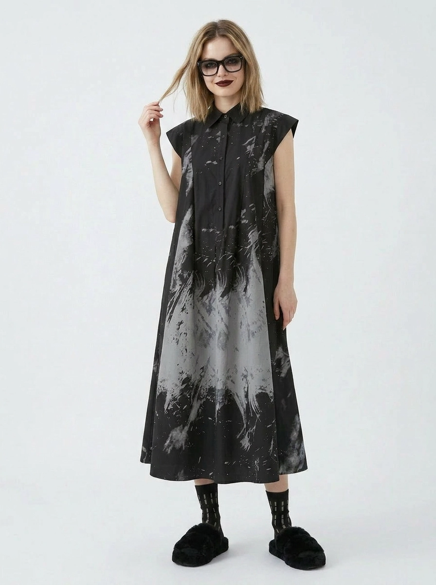 Gothic Sleeveless Tie-Dye Print Dress with Mandarin Collar