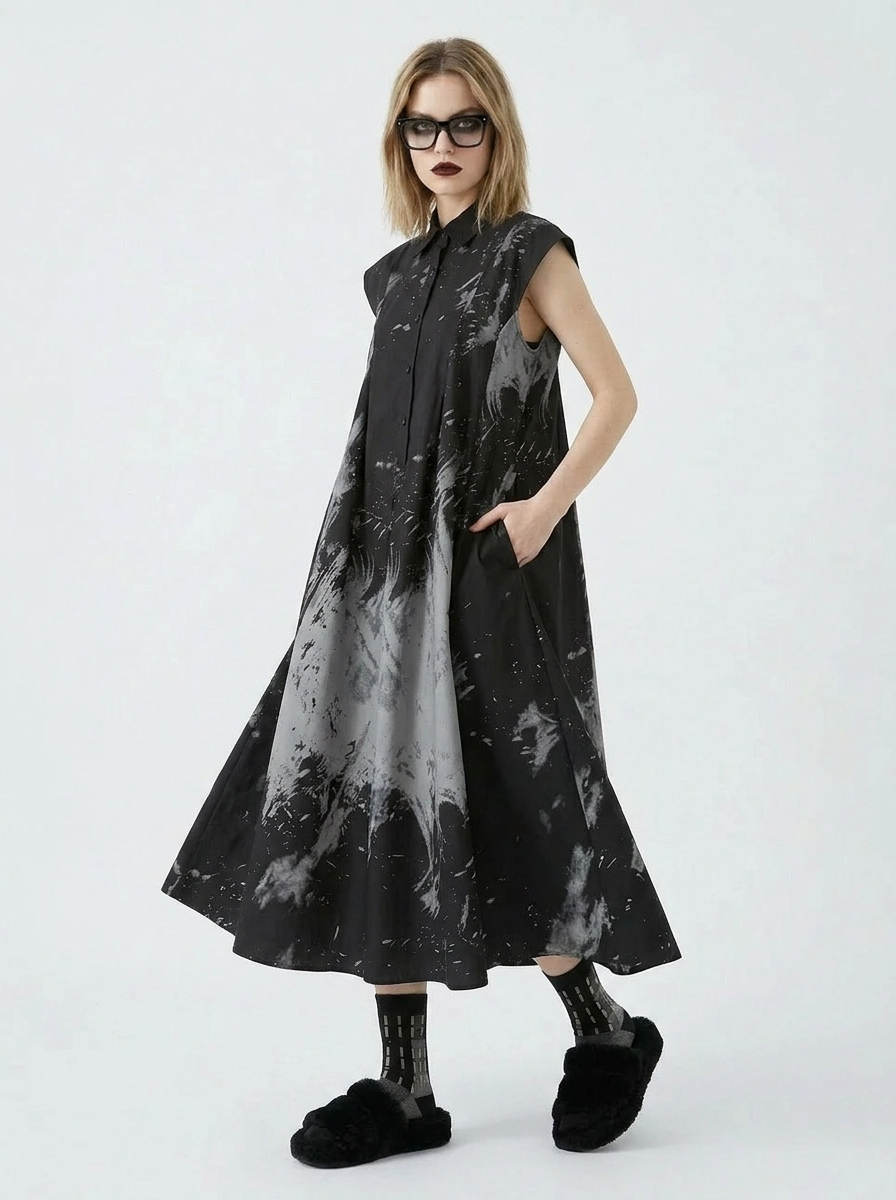 Gothic Sleeveless Tie-Dye Print Dress with Mandarin Collar