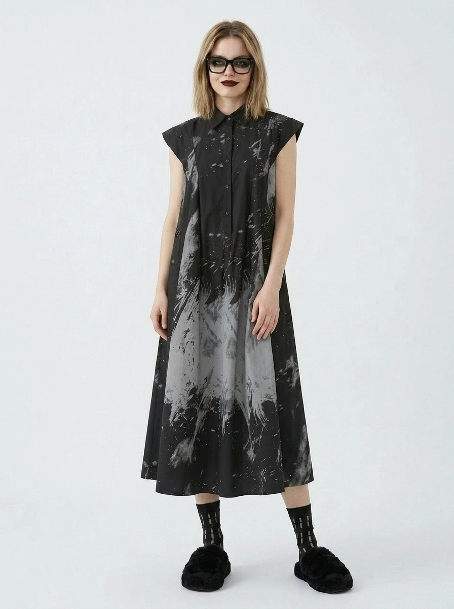 Gothic Sleeveless Tie-Dye Print Dress with Mandarin Collar