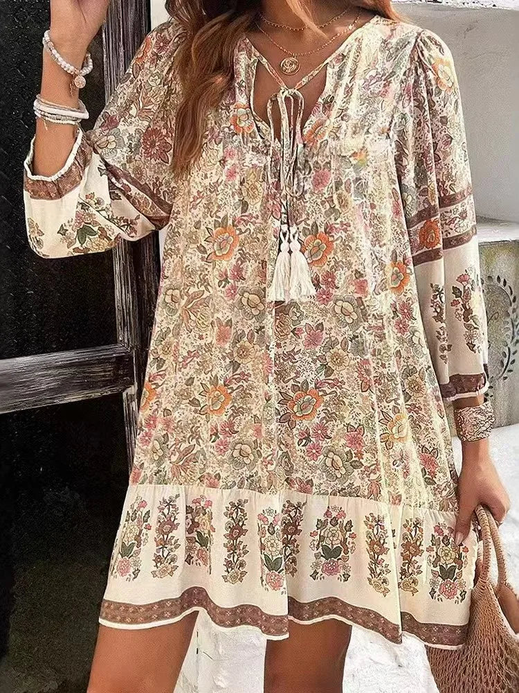 BohoLace™ | Vintage Printed V-Neck Lace-Up Loose Dress