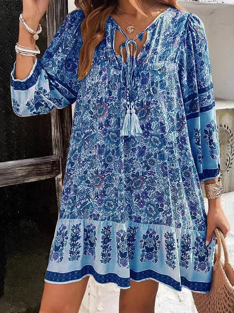 BohoLace™ | Vintage Printed V-Neck Lace-Up Loose Dress