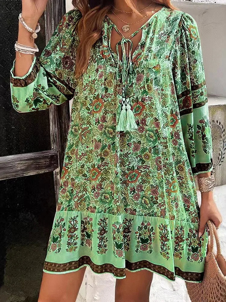 BohoLace™ | Vintage Printed V-Neck Lace-Up Loose Dress