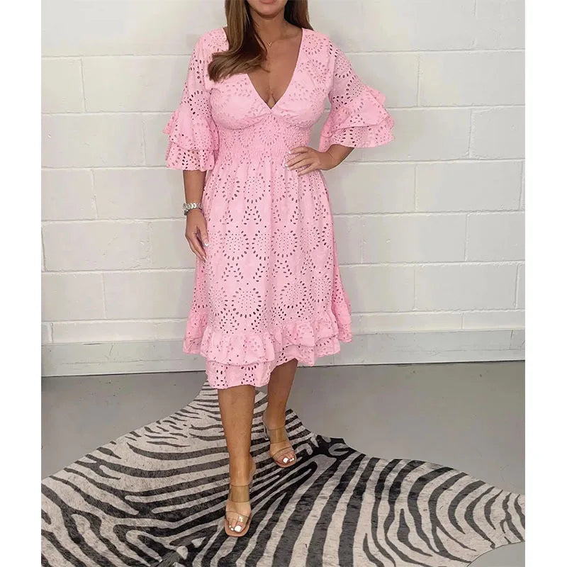 EmbroLuxe™ | Embroidered Hollow V-Neck Long Dress