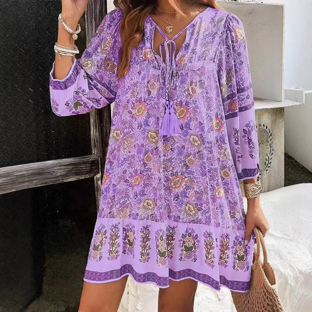 BohoLace™ | Vintage Printed V-Neck Lace-Up Loose Dress