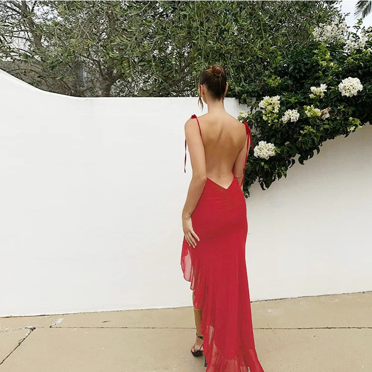 BKLD™ | Y2K Lace-Up Backless Ruffle Split Maxi Dress