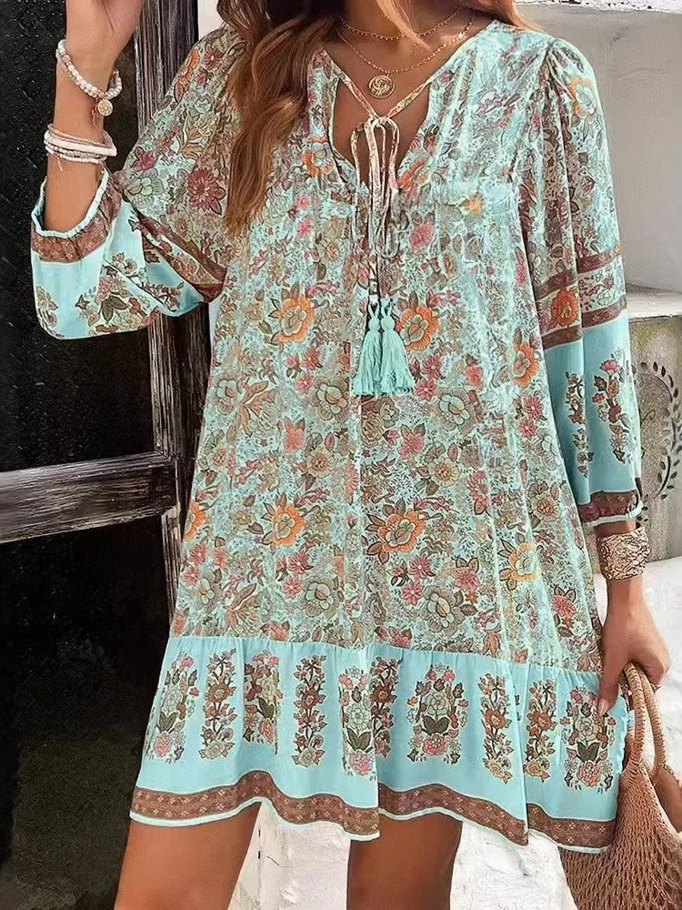 BohoLace™ | Vintage Printed V-Neck Lace-Up Loose Dress