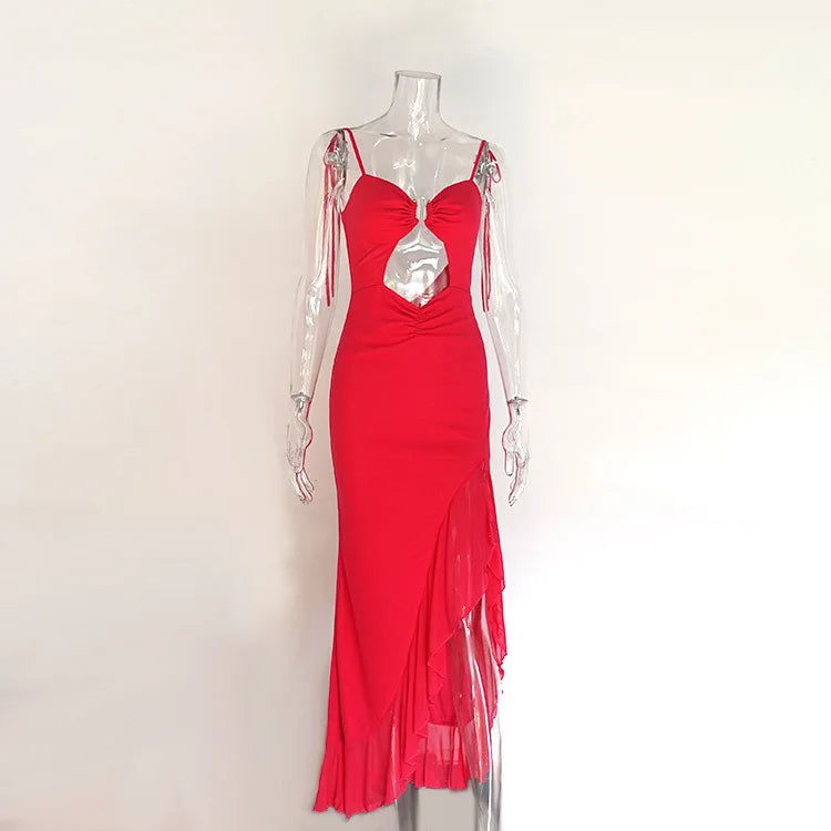 BKLD™ | Y2K Lace-Up Backless Ruffle Split Maxi Dress
