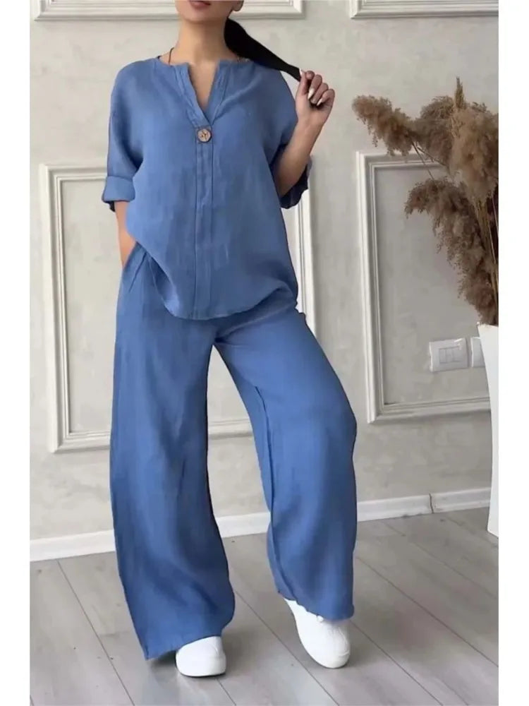 Solenyra™ | V-Neck Long Sleeve Top & Wide-Leg Pants Set