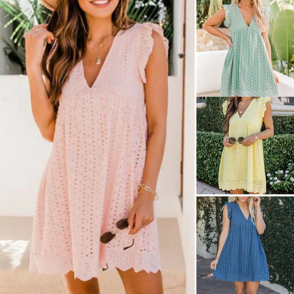 Calivelle™ | V-Neck Pleated Cotton Summer Dress
