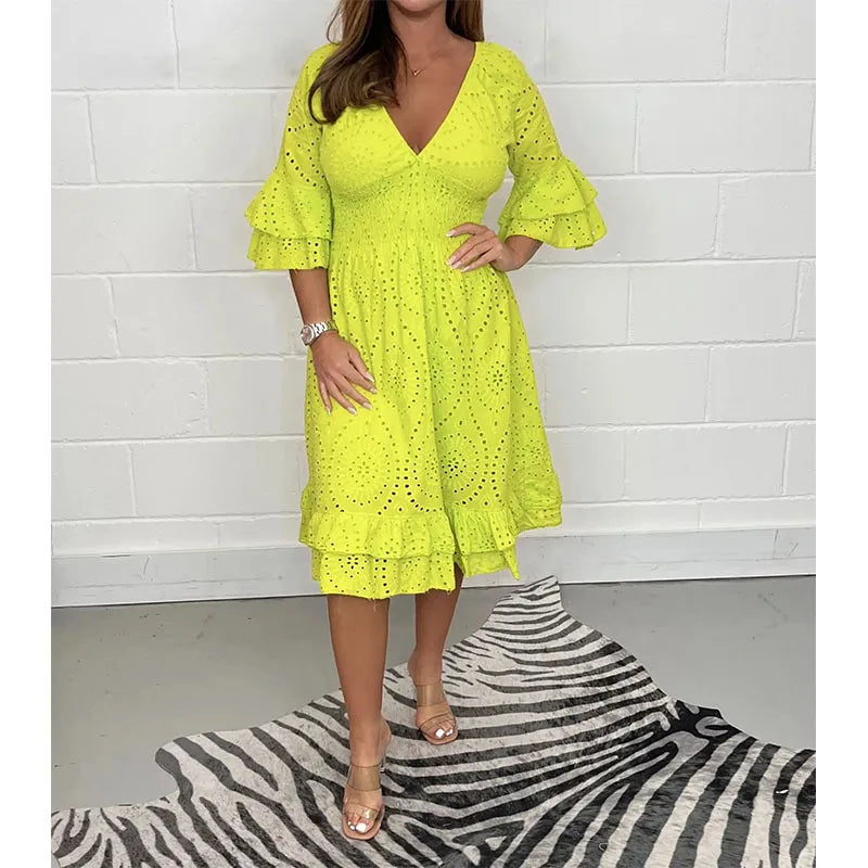 EmbroLuxe™ | Embroidered Hollow V-Neck Long Dress