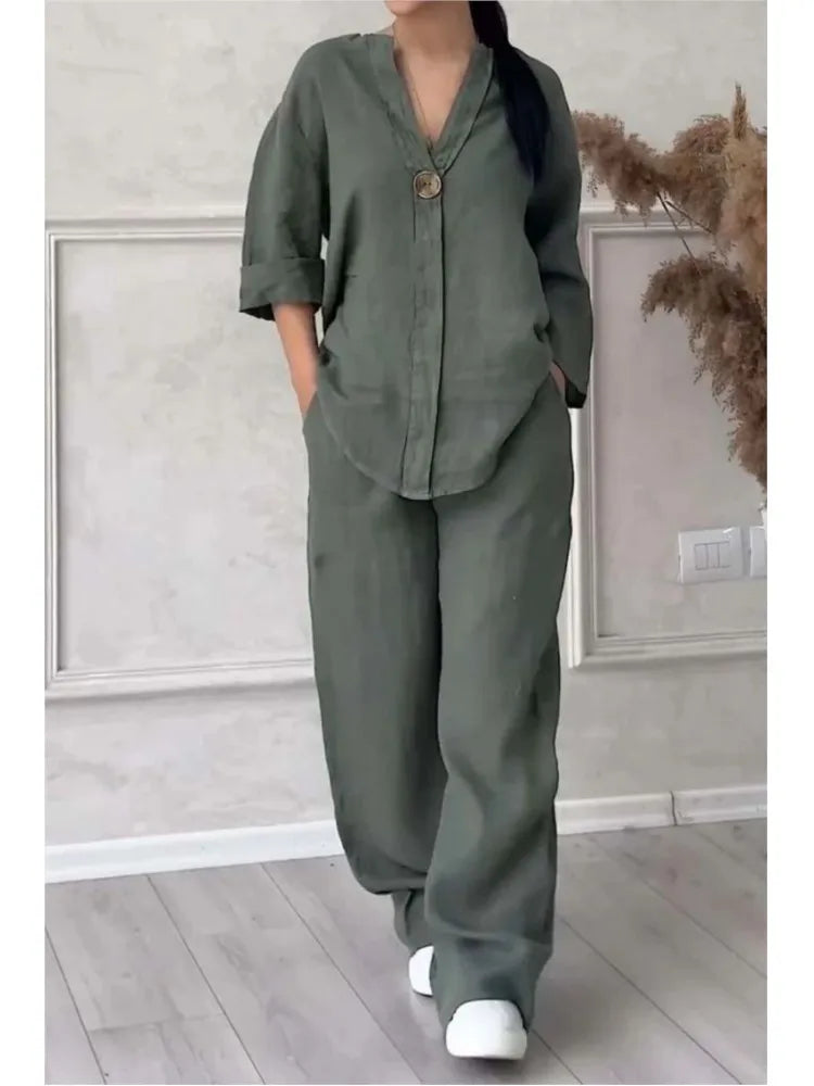 Solenyra™ | V-Neck Long Sleeve Top & Wide-Leg Pants Set