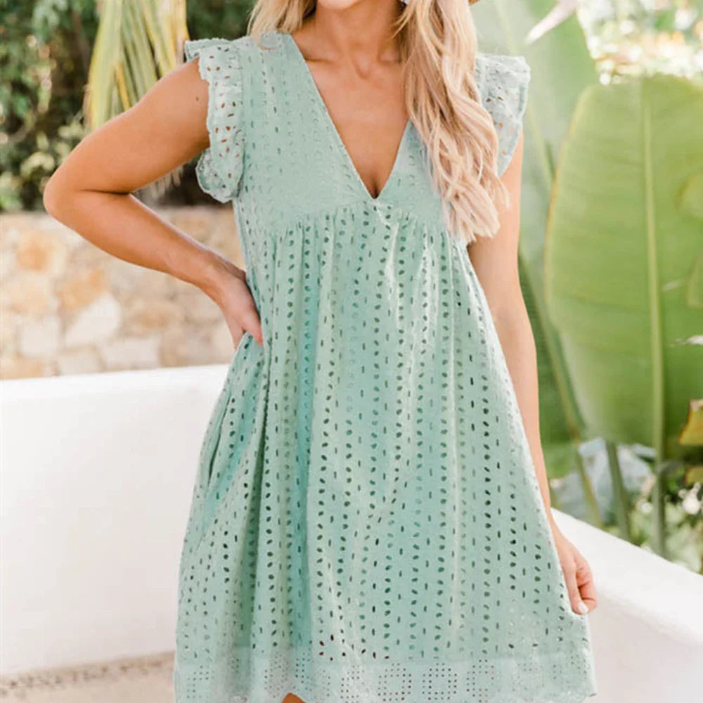 Calivelle™ | V-Neck Pleated Cotton Summer Dress