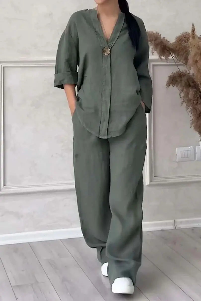 Solenyra™ | V-Neck Long Sleeve Top & Wide-Leg Pants Set