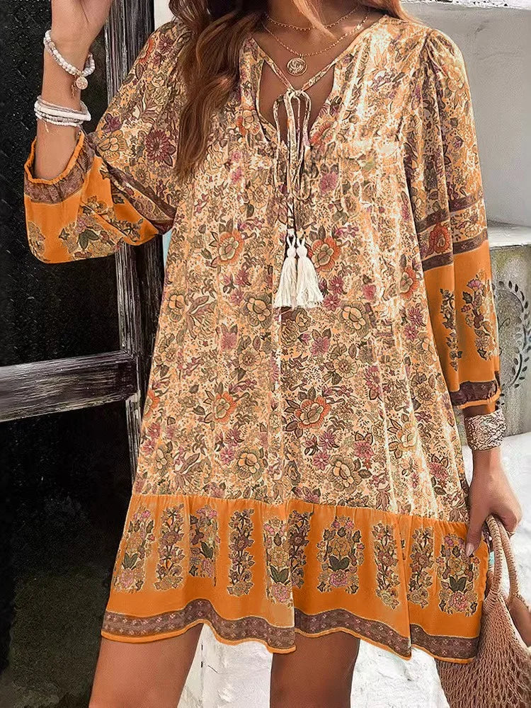 BohoLace™ | Vintage Printed V-Neck Lace-Up Loose Dress