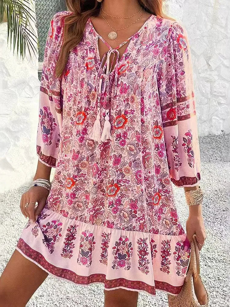 BohoLace™ | Vintage Printed V-Neck Lace-Up Loose Dress