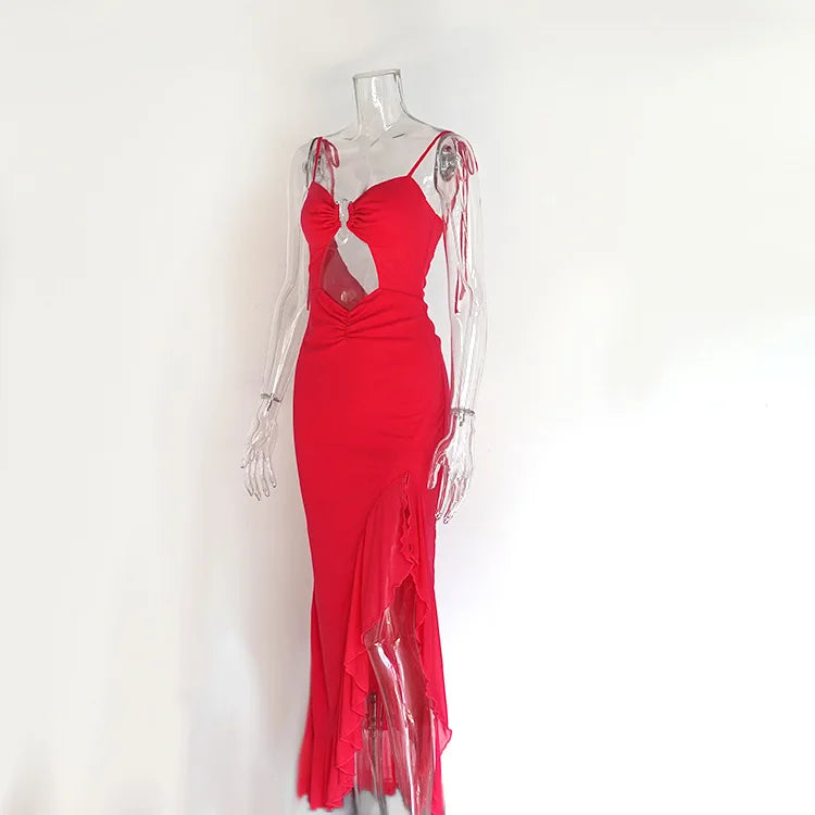 BKLD™ | Y2K Lace-Up Backless Ruffle Split Maxi Dress