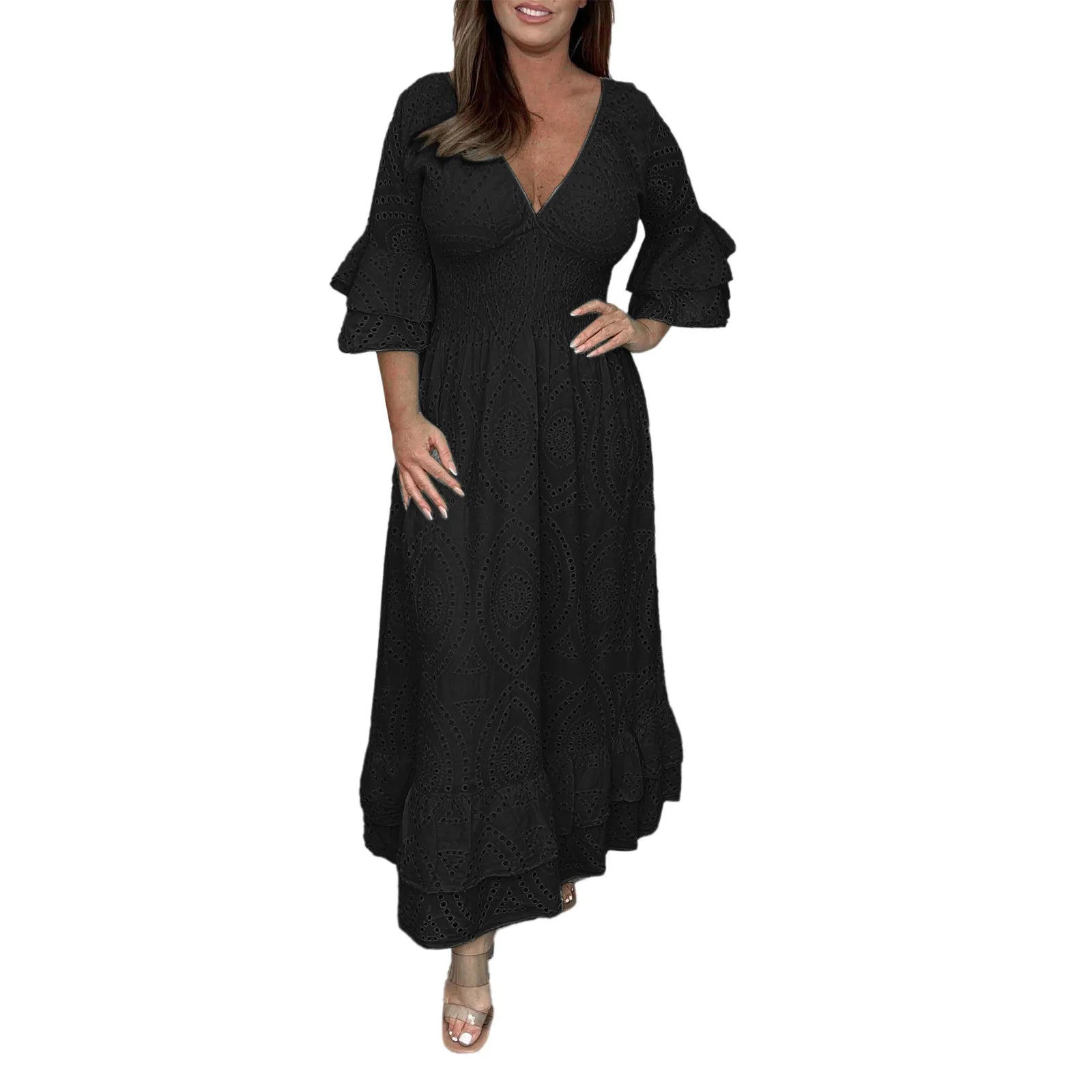 Altheora™ | High-Waist Embroidered Ruffle Midi Dress