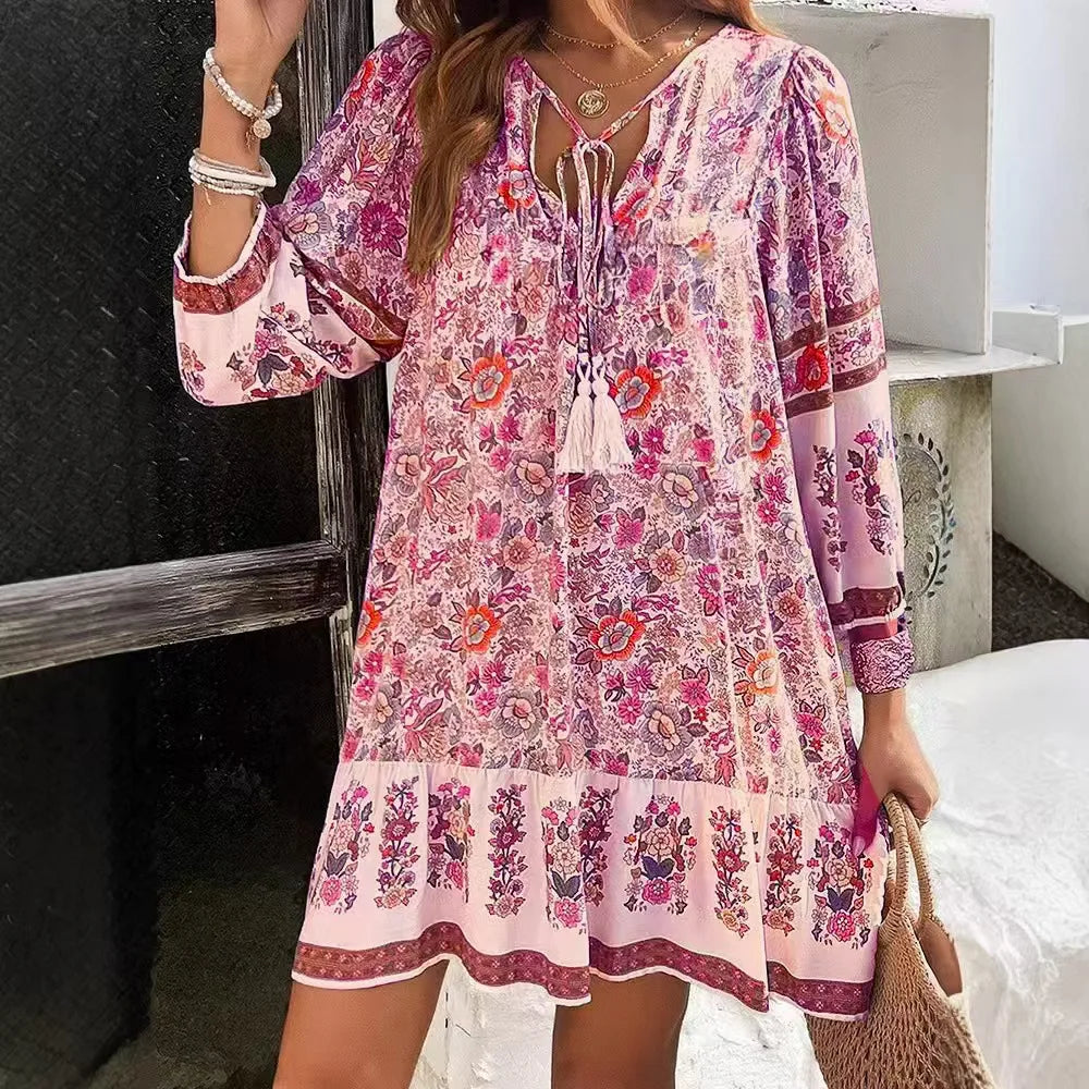 BohoLace™ | Vintage Printed V-Neck Lace-Up Loose Dress