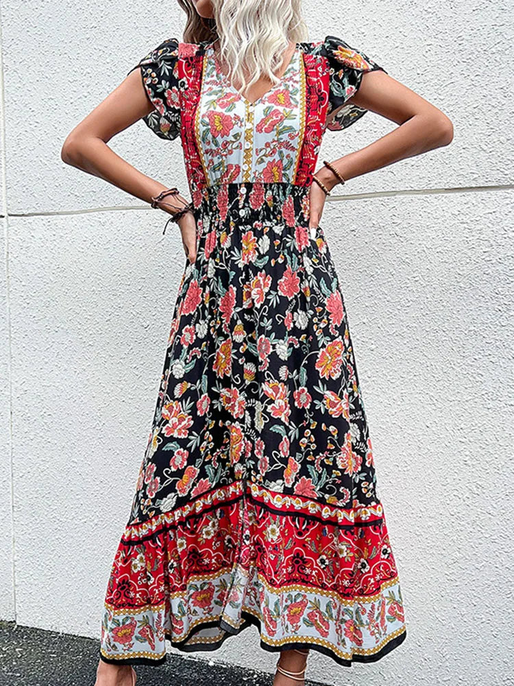 Jim & Nora™ | Vintage Floral Boho Slit Midi Dress