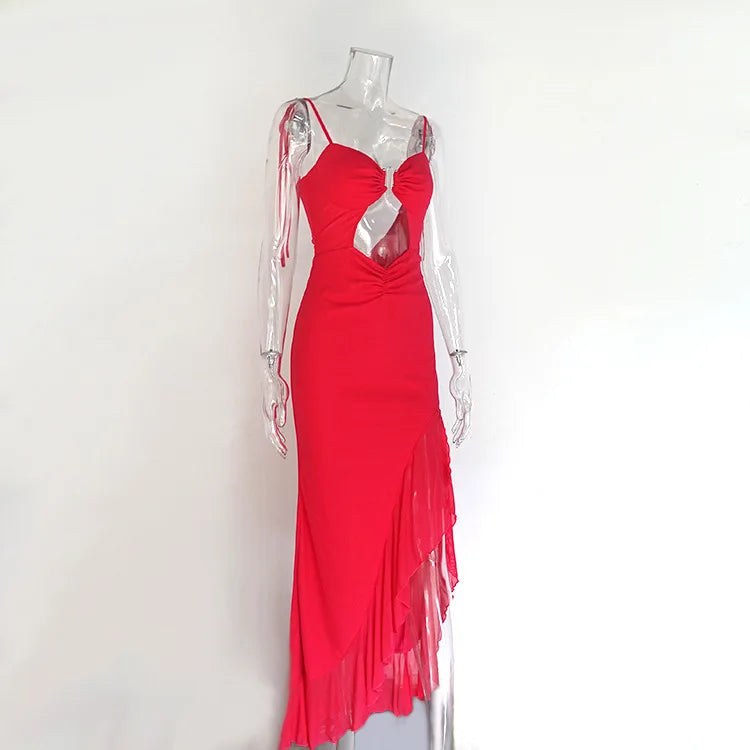BKLD™ | Y2K Lace-Up Backless Ruffle Split Maxi Dress