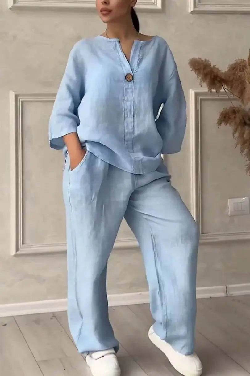 Solenyra™ | V-Neck Long Sleeve Top & Wide-Leg Pants Set
