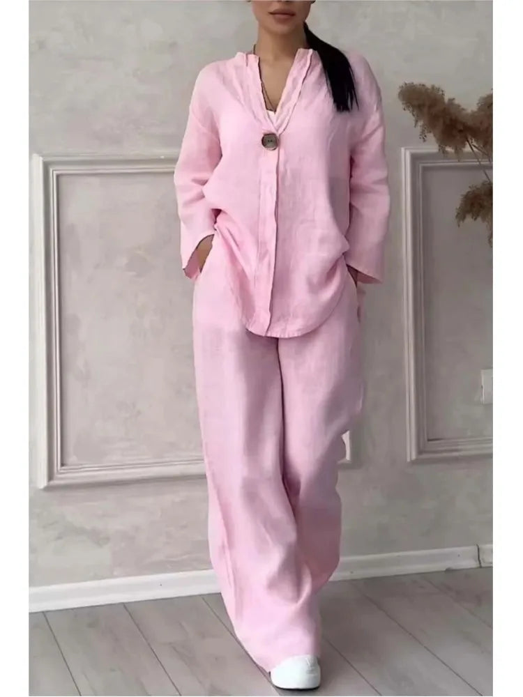 Solenyra™ | V-Neck Long Sleeve Top & Wide-Leg Pants Set