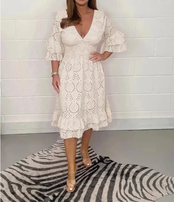 EmbroLuxe™ | Embroidered Hollow V-Neck Long Dress