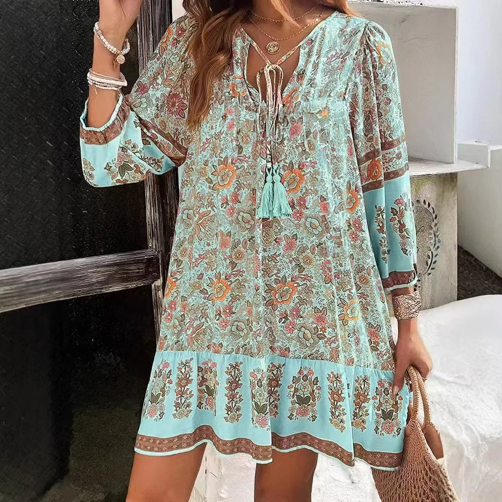 BohoLace™ | Vintage Printed V-Neck Lace-Up Loose Dress
