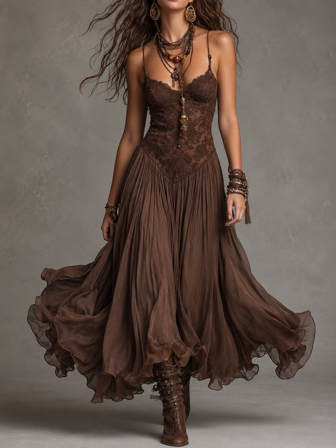 Vynexa | Dark Brown Lace-Paneled Chiffon Maxi Dress