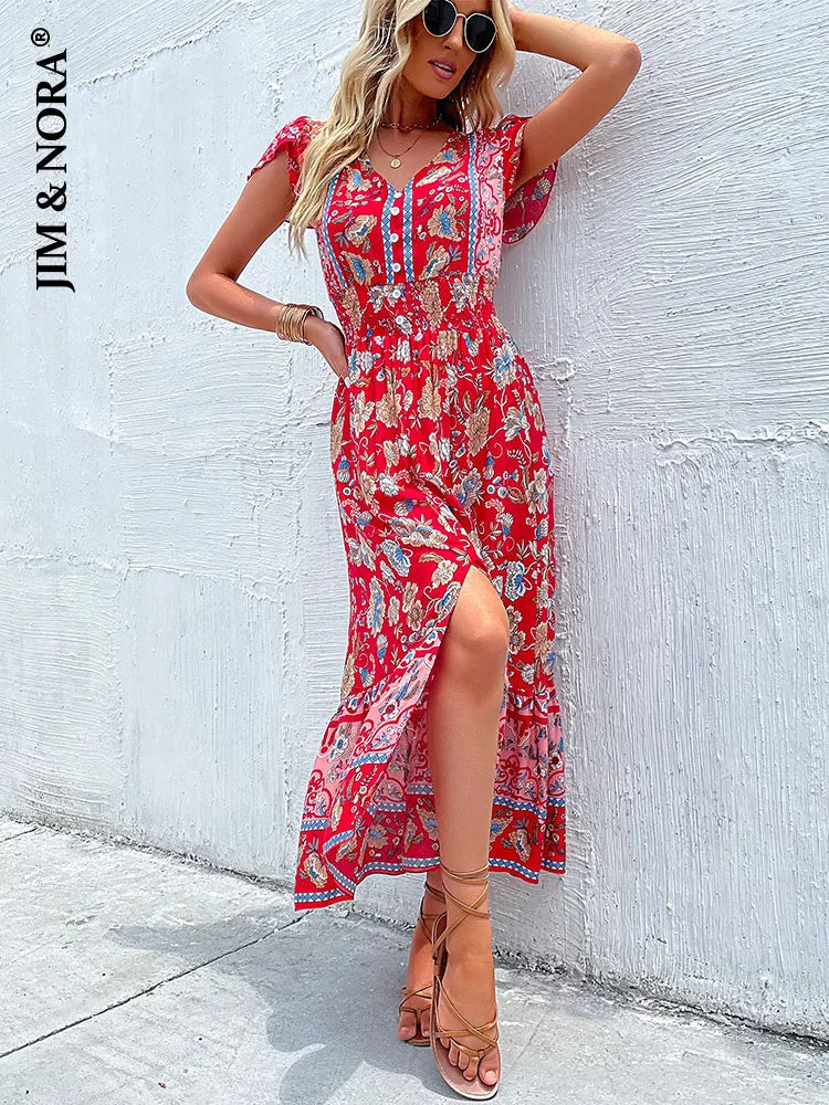 Jim & Nora™ | Vintage Floral Boho Slit Midi Dress