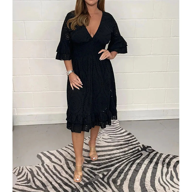 EmbroLuxe™ | Embroidered Hollow V-Neck Long Dress