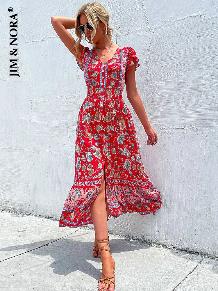 Jim & Nora™ | Vintage Floral Boho Slit Midi Dress