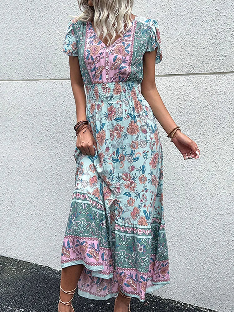 Jim & Nora™ | Vintage Floral Boho Slit Midi Dress