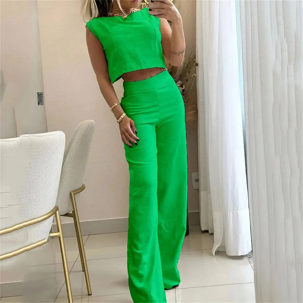 LinaSet™ | Cotton-Linen Sleeveless Top & Wide-Leg Pants Set