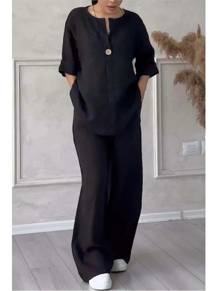 Solenyra™ | V-Neck Long Sleeve Top & Wide-Leg Pants Set