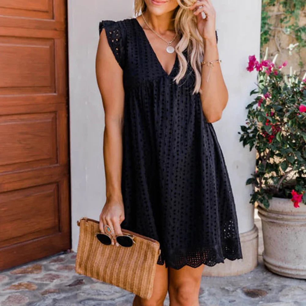Calivelle™ | V-Neck Pleated Cotton Summer Dress