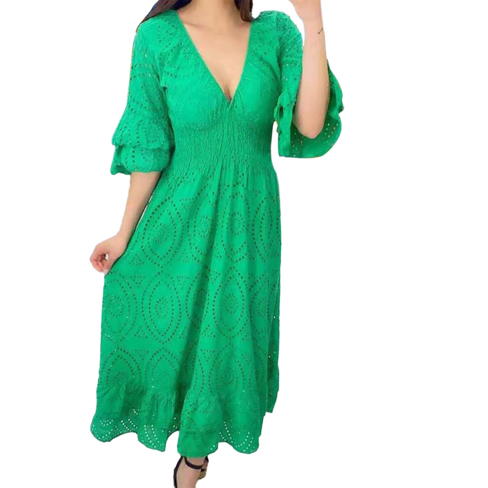 Altheora™ | High-Waist Embroidered Ruffle Midi Dress