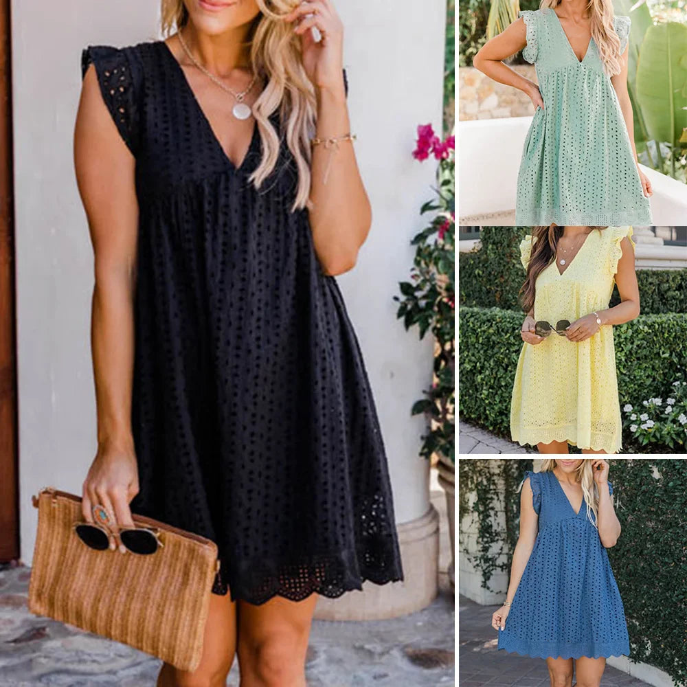 Calivelle™ | V-Neck Pleated Cotton Summer Dress
