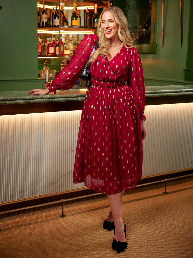 Valerie Luxe™ | Burgundy & Gold Lurex Dress details