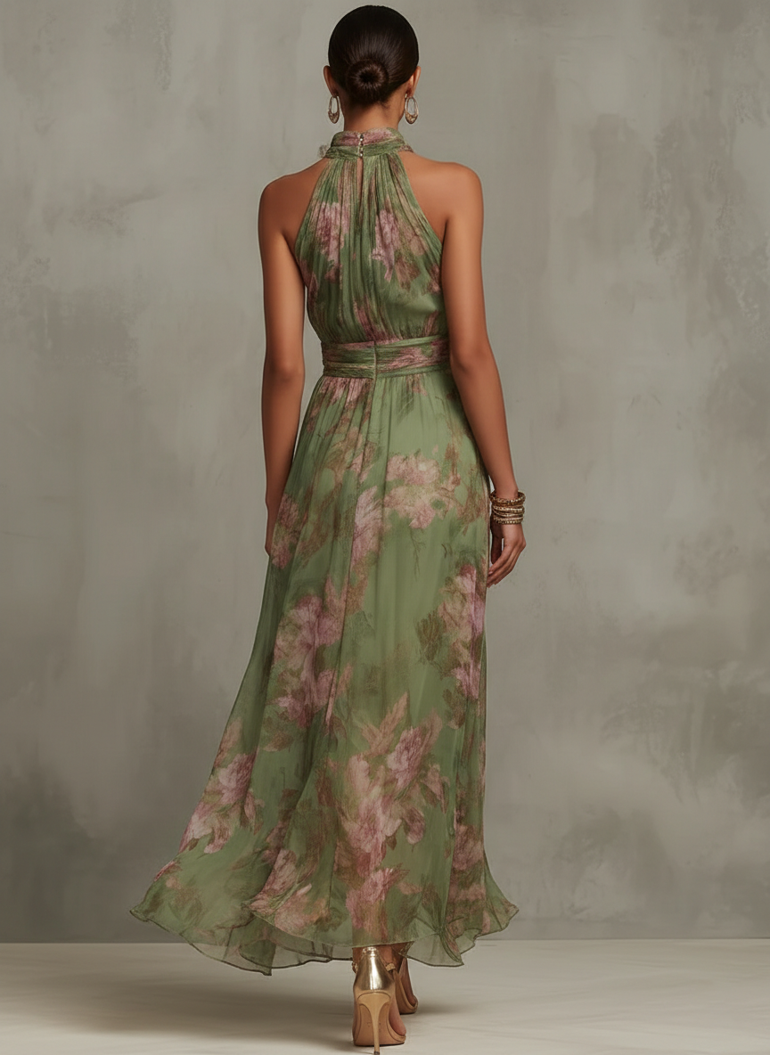 Long green floral chiffon dress with a low back.